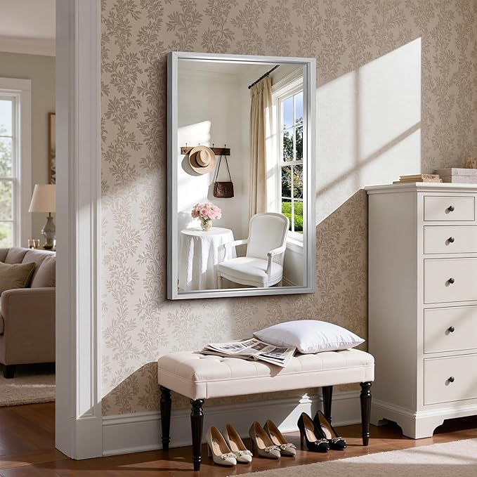 CIRCUMI 24"x40" Brushed Silver Mirror with Chunky Box Metal Frame, Bathroom Mirror for Vanity Remodel & New Home, Living Room, Entryway, Rectangular Wall Mirror, Tempered Glass, Vertical or Horizontal