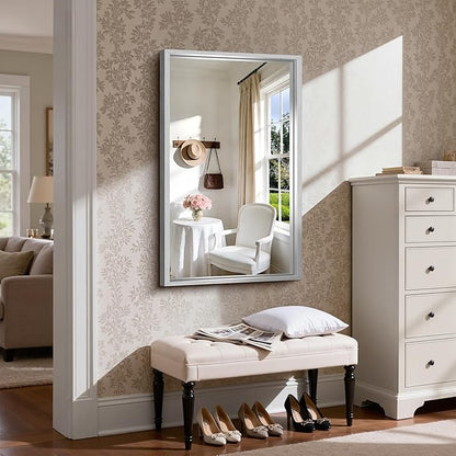 CIRCUMI 24"x40" Brushed Silver Mirror with Chunky Box Metal Frame, Bathroom Mirror for Vanity Remodel & New Home, Living Room, Entryway, Rectangular Wall Mirror, Tempered Glass, Vertical or Horizontal