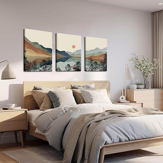 AKWISH Framed Mountain Canvas Wall Art Set of 3, Boho Watercolor Poster Prints Painting, Sun Forest Abstract Nature Landscape Artwork Wall Decor for Living Room, Bedroom, Office 16x24 In
