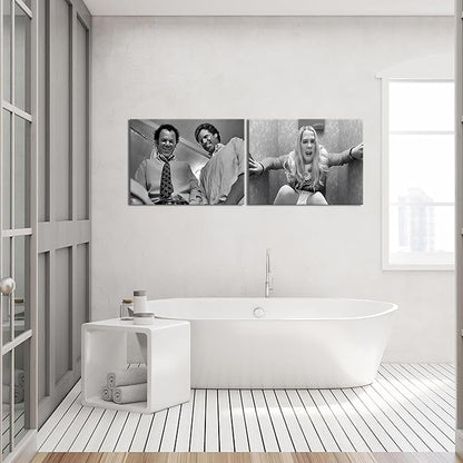 Framed Funny Movie Bathroom Canvas Wall Art Set of 2 – Black and White Vintage Comedy Movies Wall Decor, Humor White Chicks Posters Prints for Bathroom Toilet Humour Signs – 16x24in