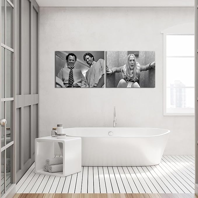 Framed Funny Movie Bathroom Canvas Wall Art Set of 2 – Black and White Vintage Comedy Movies Wall Decor, Humor White Chicks Posters Prints for Bathroom Toilet Humour Signs – 12X16in