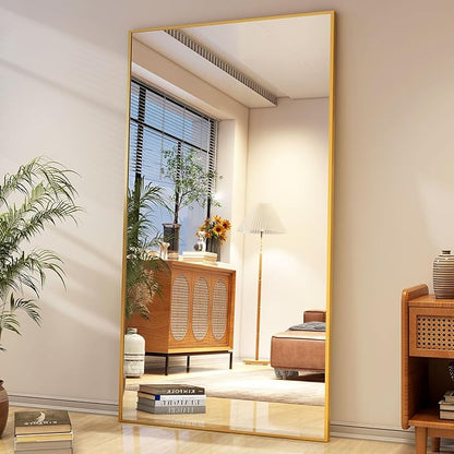 Easly Full Length Mirror with Stand 34"x76" Full Body Mirror Floor Mirror Standing Hanging or Leaning Wall, Wall Mirror with Stand Aluminum Alloy Frame for Living Room Bedroom Cloakroom,Gold