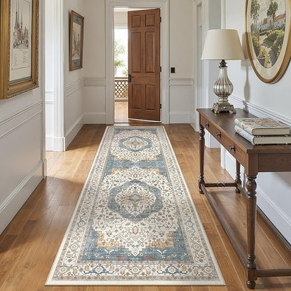 Area Rug for Living Room - 3x8 Soft Washable Oriental Vintage Floral Distressed Large Carpet - Fade Stain Resistant Non Slip Rugs for Bedroom Dining Room Nursery Dorm Office Home Decor - Blue/Beige