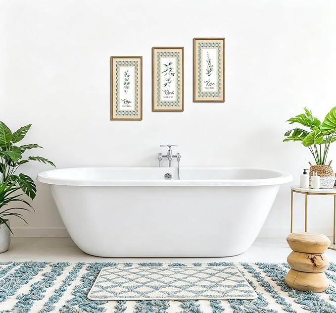 IARTTOP Sage Green Bathroom Wall Art Set of 3 Eucalyptus Leaf Wall Decor Relax Refresh Revive Bathroom Hanging Decor Light Green Botanical Plant Art Painting Framed for Farmhouse Living Room Office 8x16Inch