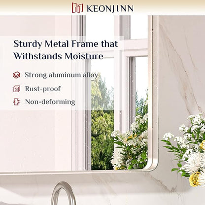 Keonjinn 42 x 36 Brushed Nickel Bathroom Vanity Mirror, Large Rounded Rectangle Bathroom Mirrors for over Sink, Metal Framed Silver Mirror for Wall, Shatterproof HD Tempered Glass(Horizontal/Vertical)