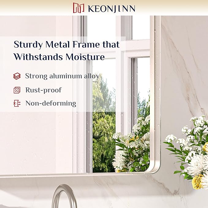 Keonjinn 42 x 20 Inch Brushed Nickel Bathroom Mirrors for Over Sink, Rounded Rectangle Silver Bathroom Vanity Mirror, Metal Framed Farmhouse Mirror for Wall, HD Tempered Glass(Horizontal/Vertical)