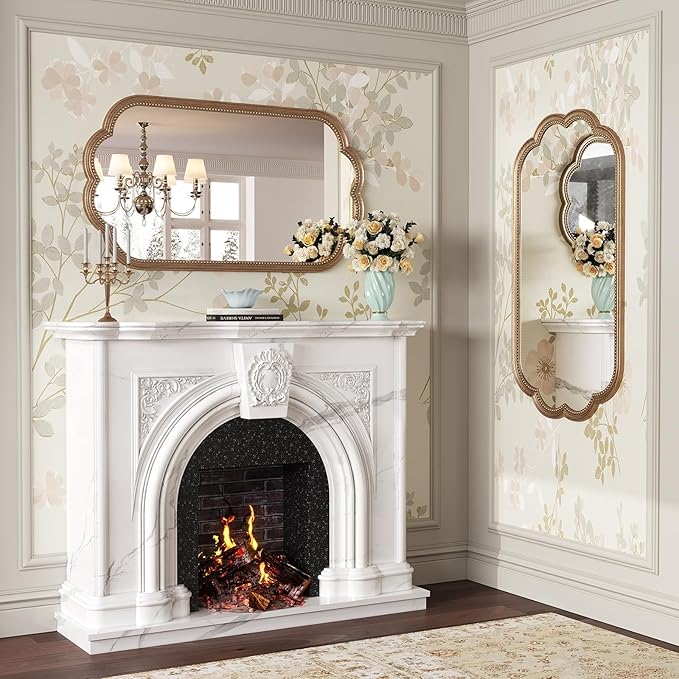 Scalloped Mirror for Bathroom, 20" x 36" Antique Wide Brass Mirror, Vintage Gold Mirrors with Beaded for Over Sink, Bedroom, Living Room, Fireplace, Entryway, Hangs Horizontally or Vertically