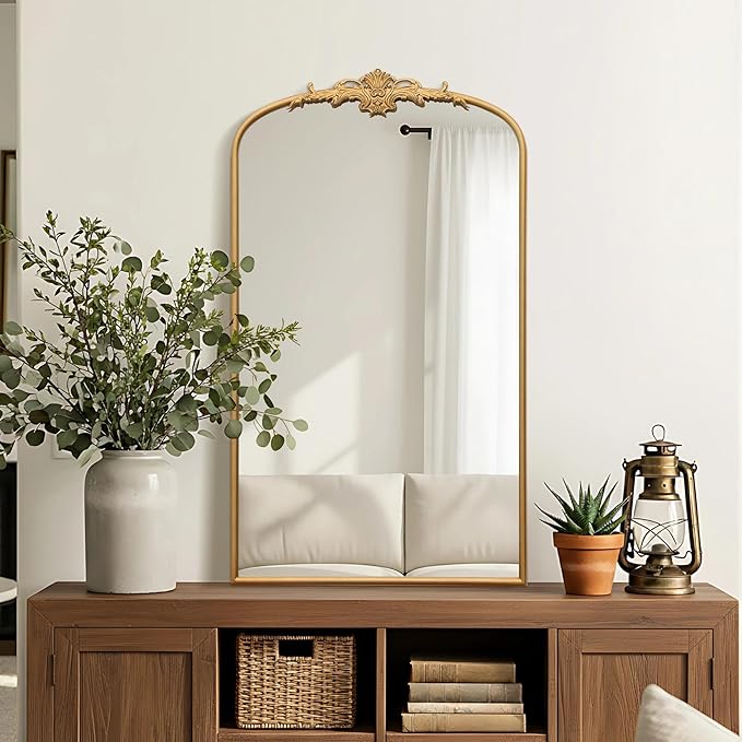 Besdomus Large Vintage Arched Mirror: 24"x42" French Arch Gleaming Gold Antique Wall Mounted Mirror - Traditional Ornate Home Decor for Entryway/Fireplace/Bathroom - Idea for Trendy Fashionistas