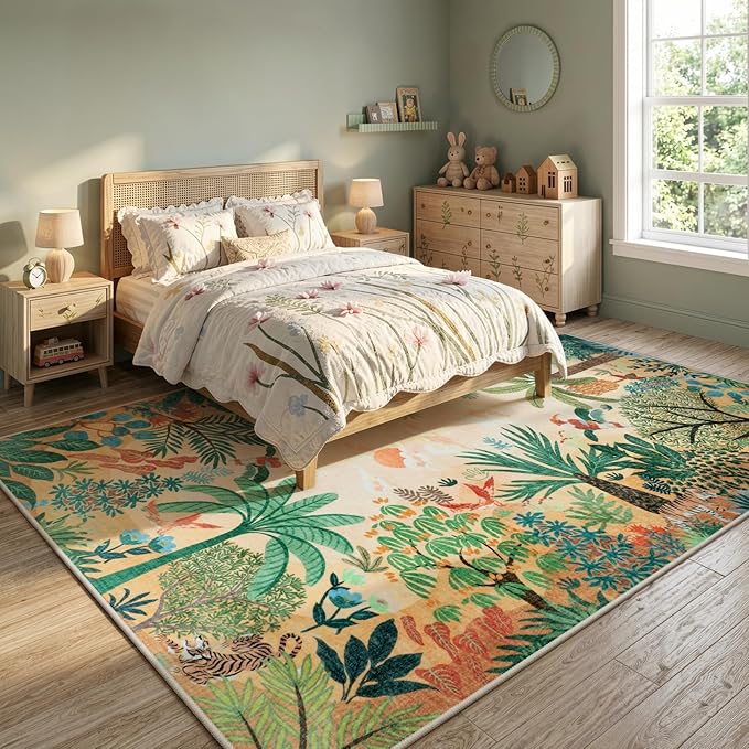 LIVEBOX Boho 8x10 Area Rugs for Living Room, Washable Soft Jungle Animal Print Rug for Bedroom, Farmhouse Non Slip Rug Floor Carpet, Forest Dining Room Rugs for Under Table