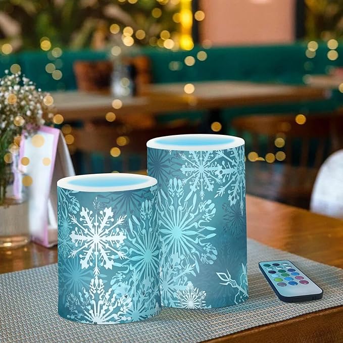 Christmas Flameless Candles Teal Blue White Snowflake Pillar Candles Set of 2 Battery Operated Remote Control Warm Lights Home Decor
