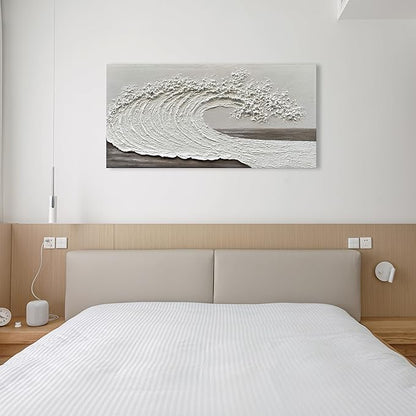 NANKAI Art 24x48 inch Hand-Painted 3D Ocean Waves Oil Painting Natural Scenery White Abstract Canvas Art Mural