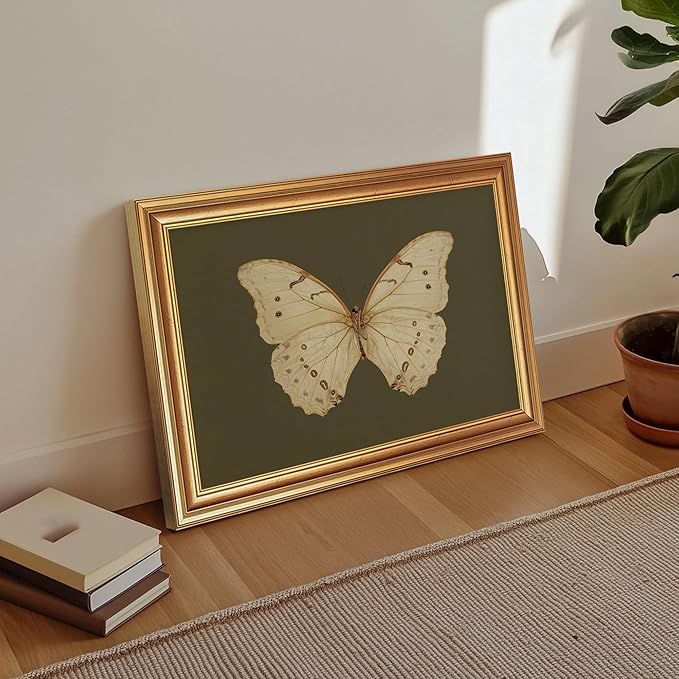 JLTULT Gold Frame White Butterfly Wall Art Print on Dark Green Background, Vintage Framed Wall Decor for Living Room, Bedroom, Office 16x24 Inch Fade-Resistant Print Easy to Hang