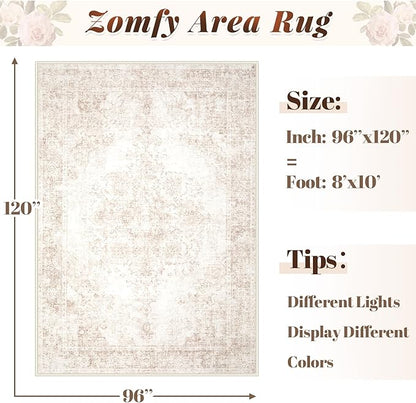 Area Rug 8x10 Vintage Rug: Large Washable Indoor Medallion Rugs Low Pile Distressed Floor Carpet Retro Accent Rug for Living Room Bedroom Kitchen Dining Table Home Office(Retro Beige, 8'x10')