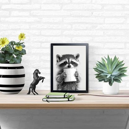 XYHYRA Bathroom Wall Art, Cute Black and White Raccoon Canvas Prints Poster, Funny Animal Decor Oil Painting, Modern Farmhouse Picture Artwork for Bathroom Toilet Wall Decor 8x10 Inch Framed