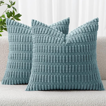 MIULEE Pack of 2 Corduroy Decorative Throw Pillow Covers 20x20 Inch Soft Boho Striped Pillow Covers Modern Farmhouse Home Decor for Summer Coastal Sofa Living Room Couch Bed Coastal Blue