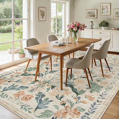 Area Rugs 9x12 Living Room: Lagre Boho Living Room Rug Soft Non-Slip Thin Carpet Indoor Floor Non-Shedding Neutral Floral Carpets for Bedroom Dining Room Farmhouse Nursery Beige