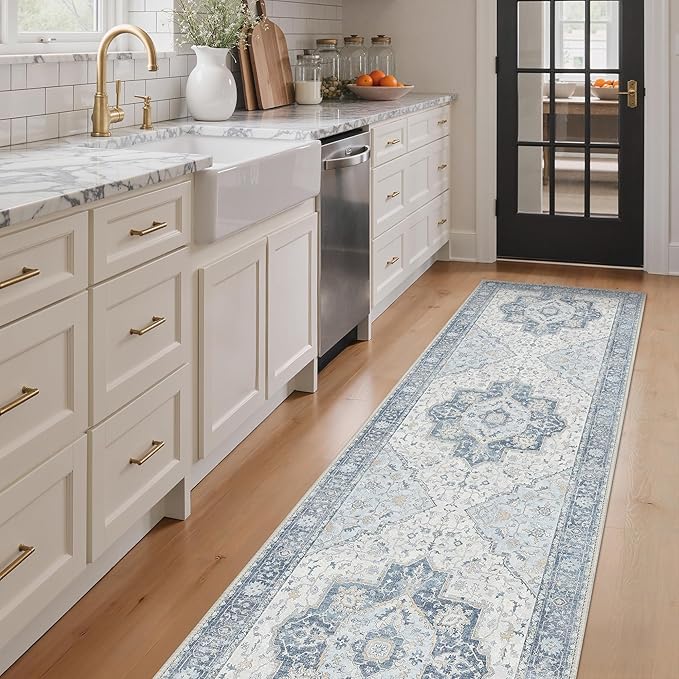 GENIMO Runner Rug 2'x6' Machine Washable Non Slip Vintage Hallway Runner Rug, Low Pile Lightweight Rugs for Indoor Entryway, Hallway, Kitchen and Corridor, Light Blue Beige