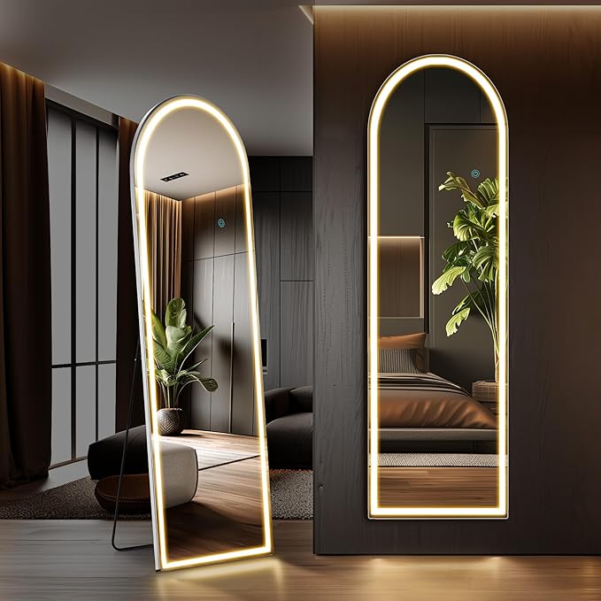Arched Full Length Mirror with Stand 16"×60", Upgraded Full Body Mirrors with LED Light 3 Color Lighting, Floor Standing, Hanging or Leaning Modern Simple Home Wall Decor, White