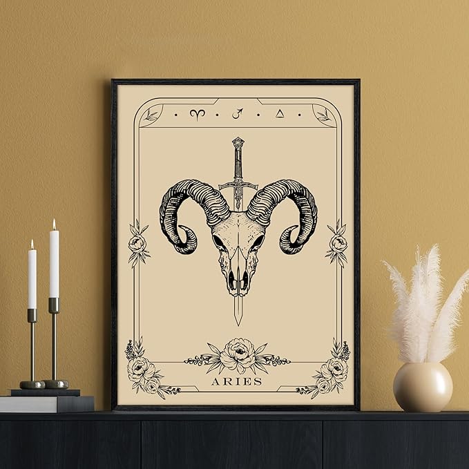 SERIMINO Witchy Framed Wall Art, Aries Tarot Canvas Prints Paintings, Horoscope Dark Academia Home Decor Aesthetic, 12X16inch Gothic Wall Decor for Room