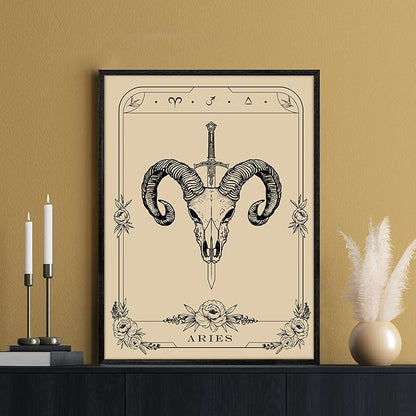 SERIMINO Witchy Framed Wall Art, Aries Tarot Canvas Prints Paintings, Horoscope Dark Academia Home Decor Aesthetic, 12X16inch Gothic Wall Decor for Room