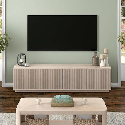 Henn&Hart Fluted TV Stand for TVs up to 85" with 2 Concealed Ribbed Storage Cabinets and Adjustable Shelves for Living Room, Family Room, or Office, Beech White