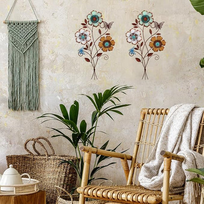 Moxweyeni Tricolor Flower Wall Decor Vintage Metal Wall Art Decor Rustic Hanging Flowers Decorative Metal Floral Art for Home Living Room Bathroom Indoor Outdoor, 15 x 9.1 Inch(2 Pieces)