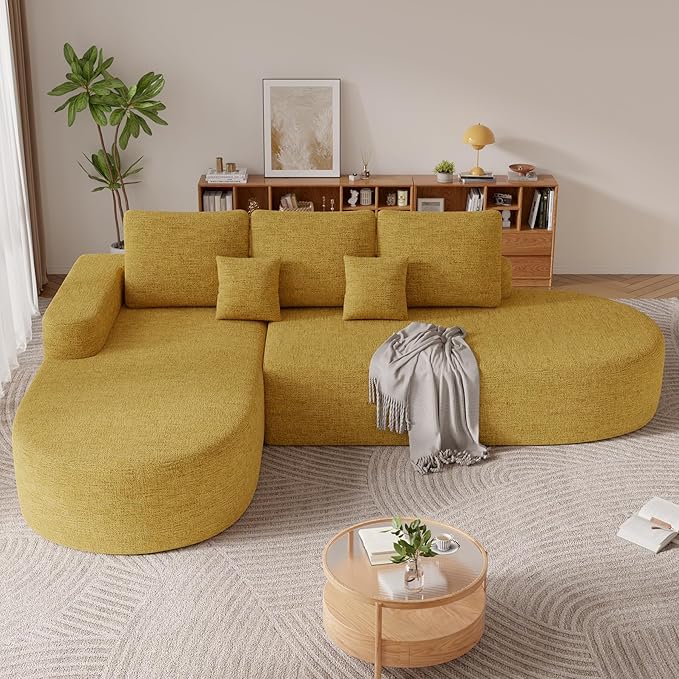 112" Modern Curved Cloud Couch, Chenille Boneless Couches for Living Room with Deep Seat, Memory Foam Compressed Modular Sectional Sofa, No Assembly Required,Yellow 1 PCS
