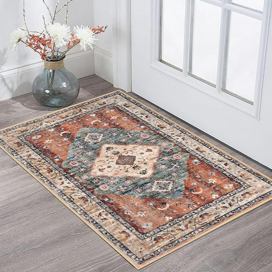 KOZYFLY Small Area Rug 2x3 Ft Rugs for Entryway Washable Boho Entry Rug Non Slip Door Mat Indoor Entrance Rust/Orange/Blue Printed Faux Wool Vintage Printed Kitchen Rug Throw Rugs for Entrance Kitchen