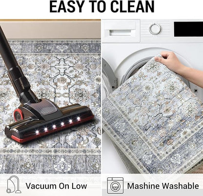 KUTA Vintage Floral Washable Hallway Runner, 2x5 Runners for Hallways Non-Slip Kitchen Rugs Grey Blue Ultra Thin Soft Printed Distressed Oriental Floor Carpet for Laundry Bedroom Living Room Nursery