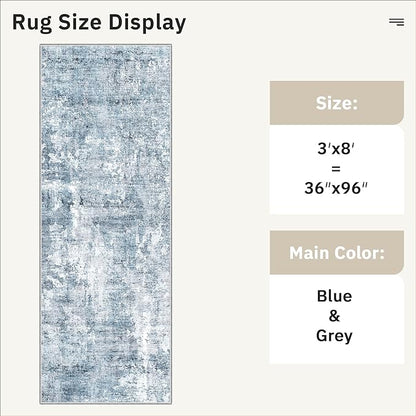 Soalmost Runner Rug 3x8 Washable Non-Slip Hallway Runner Rugs for Kitchen Bathroom Laundry Room Blue/Grey Vintage Floor Carpet Runners for Hallways Entryway