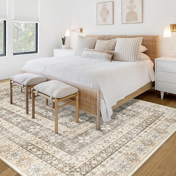 Area Rug Living Room Rugs 8x10 - Large Soft Boho Floral Rug, Non-Slip Foldable Washable Rugs Non Shedding Morden Indoor Floor Carpet for Living Room Bedroom Office Dining Room(FloralBrown, 8'x10')