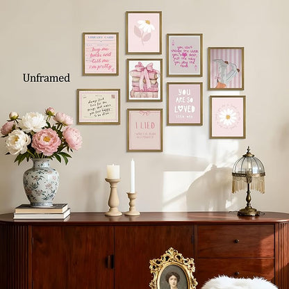 XYHYRA Pink Wall Art Painting Set of 9, Pink Preppy Girly Quote Canvas Prints Painting, Romantic Bow Books Daisy Poster Aesthetic Room Decor for Teen Girls Bedroom Dorm 8x10 Inch Unframed
