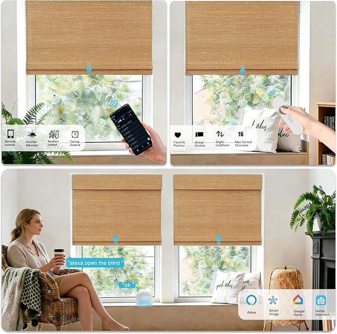 Motorized Bamboo Roman Shades, Motorized Blinds with Remote Compatible with Homekit, Alexa GoogleHome, Smart Wood Woven Shades for Indoor Windows, Customize, Amber Mesa