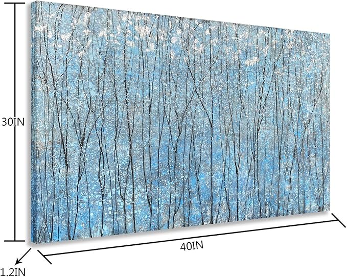 Yihui Arts Blue Tree Canvas Wall Art - Abstract Landscape Paintings with Silver Foil - Modern Forest Artwork for Living Room Bedroom Bathroom Decor