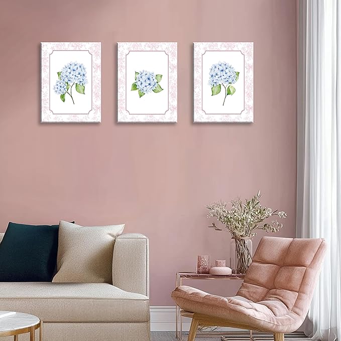 Blue Hydrangea Wall Art Set of 3, Preppy Blue Hydrangea Canvas Prints Poster Picture, Floral Aesthetic Wall Decor for Teen Girls Bedroom Dorm Apartment 12x16 Inch Framed