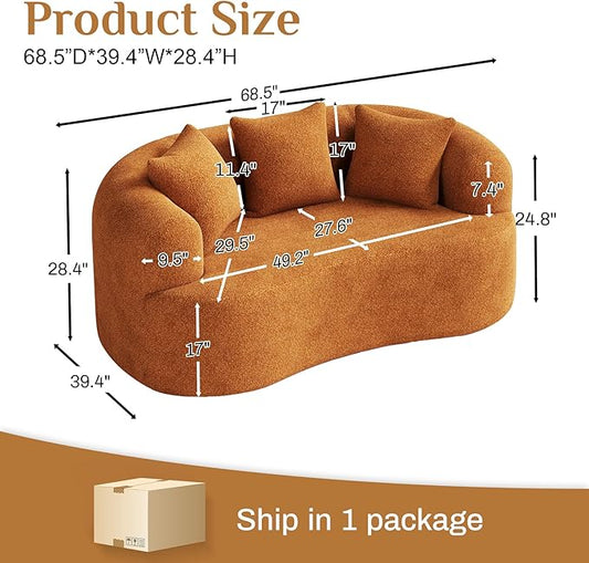 68.5" Loveseat Sofa for Living Room, Modern Luxury Plush Chenille Extra Deep Seat Curved Cloud Floor Couch with 3 Throw Pillows for Small Spaces, No Assembly Needed, Orange
