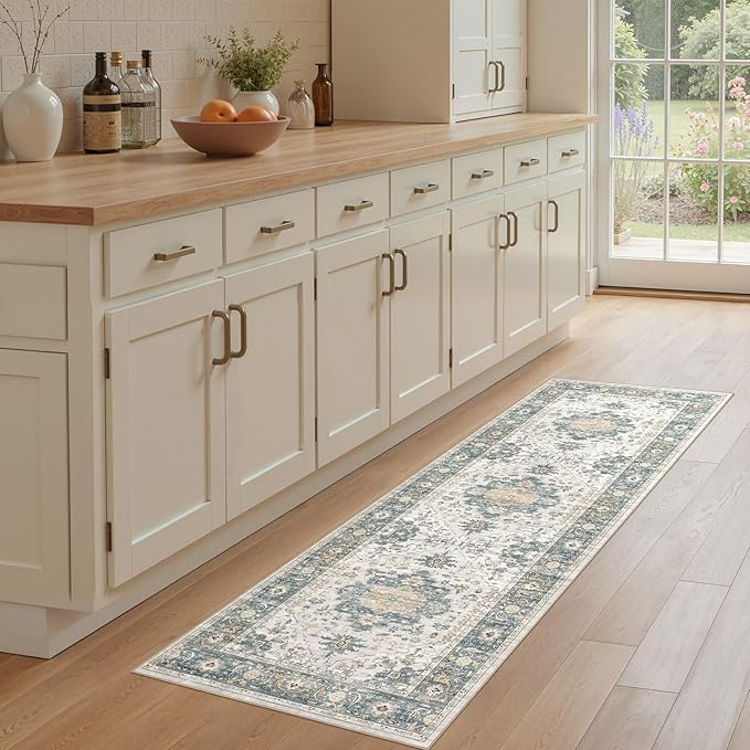 EIEIHOUSE Washable 2x6 Runner Rug - Area Rugs Neutral Vintage Distressed Floral Farmhouse Boho Large Soft Floor Rug Indoor Carpet for Hallway Entryway Bedroom Kitchen - Green/Grey
