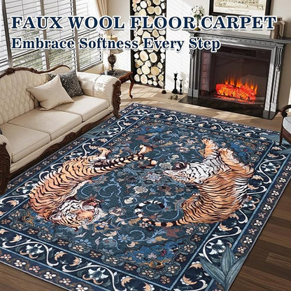 Tiger Washable Area Rugs 5x7Ft, Boho Jungle Living Room Rugs, Soft Botanical Animal Print Bedroom Nursery Area Floor Carpets for Dining Room Dorm Study Kids Playroom Farmhouse Office, Blue