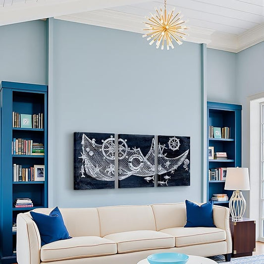 sechars Nautical Wall Art Decor Fishing Net with Seashells Ship Wheel Painting Pictures Navy Blue Bathroom Bedroom Lake House Decoration (Small)