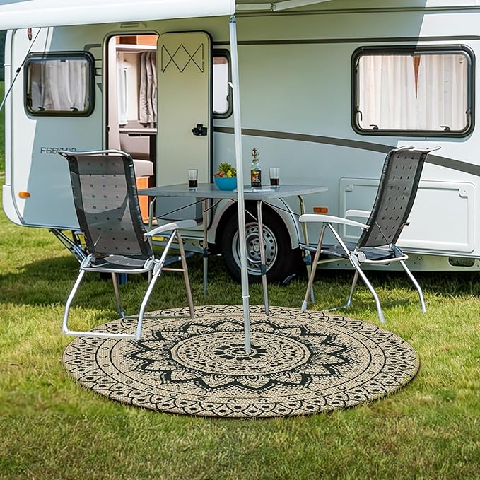 Easy Jute Outdoor Round Rug, 5ft Washable Indoor Outdoor Patio Rug, Black Non Slip Round Area Rug Farmhouse, Boho Carpet for Backyard Patio