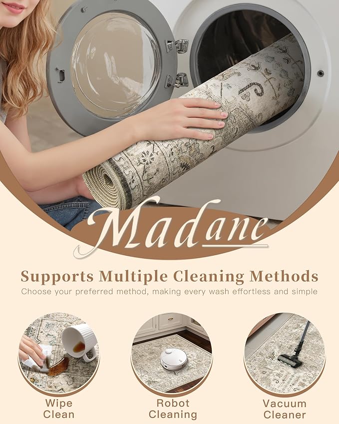 Madane Hallway Runner Rug 3x6 - Washable Kitchen Rugs Entryway Rug Runner Vintage Soft Floor Mat Non Slip Indoor Farmhouse Carpet for Bathroom Living Room Bedroom (3 X 6, Ivory/Brown)