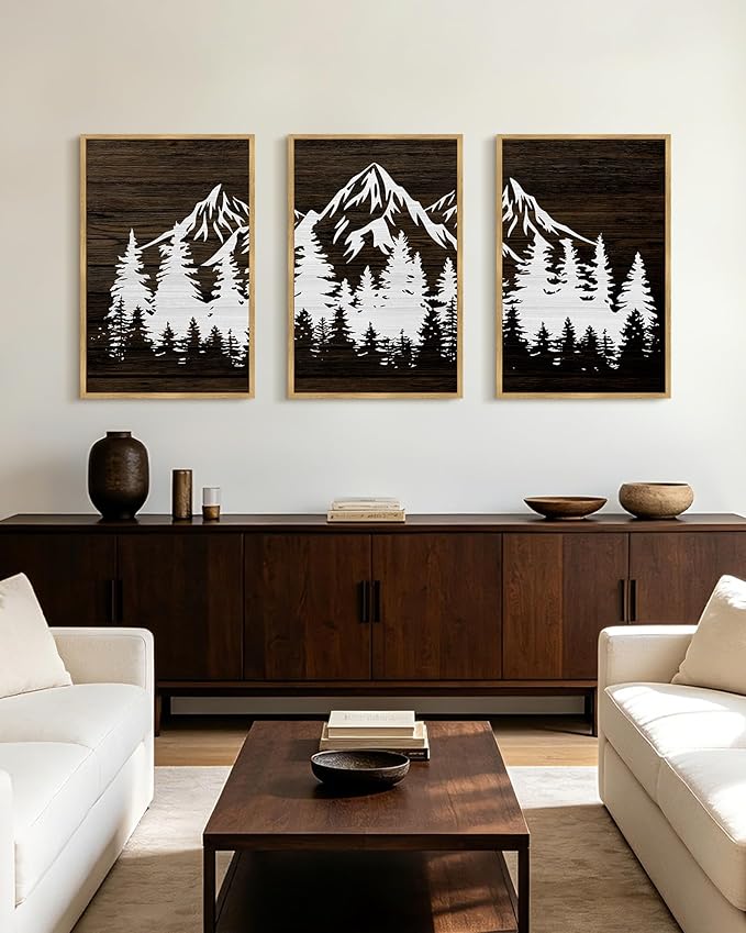 PHOPAGO Mountains Tree Framed Wall Art Large 16x24in Boho Forest Nature Landscape Artwork Paints Morden Country Woodcut Wood Wall Decor Rustic Home Decor - Natural Framed