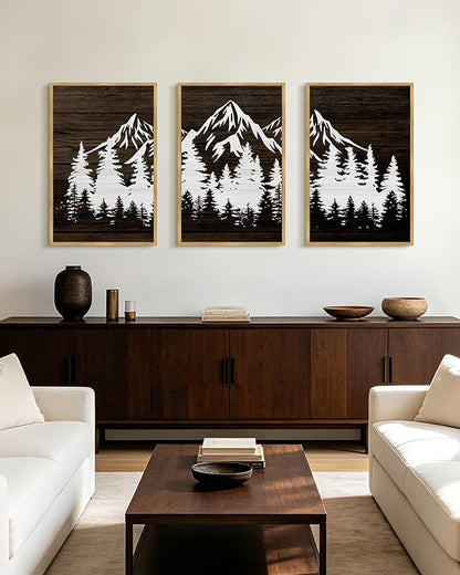 PHOPAGO Mountains Tree Framed Wall Art Large 16x24in Boho Forest Nature Landscape Artwork Paints Morden Country Woodcut Wood Wall Decor Rustic Home Decor - Natural Framed