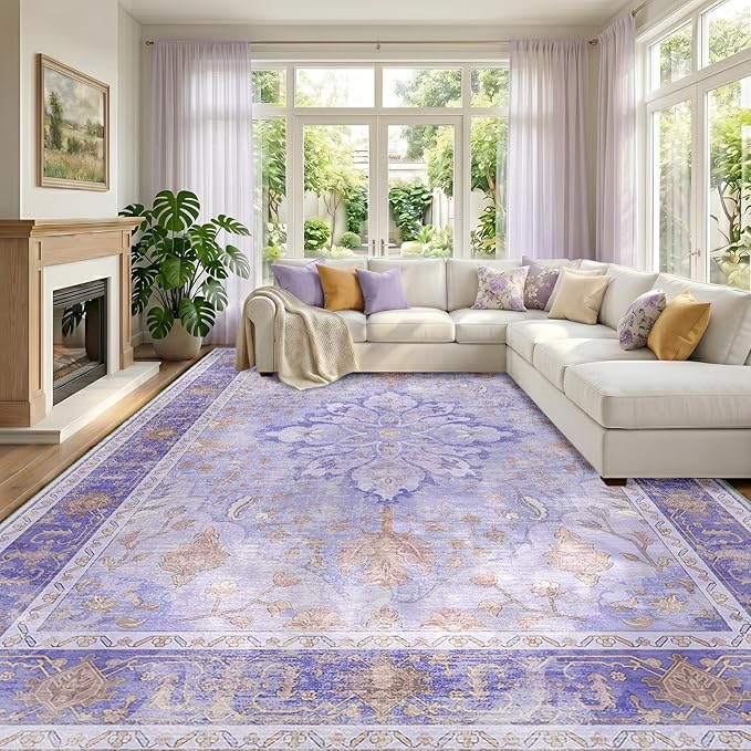 RELEANY Area Rugs 10'x12' Washable Non-Slip, Floral Vintage Distress Print Pattern Medallion Carpet for Living Room Bedroom Dining Room, Light Purple Brown