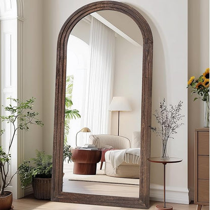 Arched Full Length Mirror 71"x32" - Rustic Brown Solid Wood Wall Mirror, Oversized Leaning or Mounted Design for Bedroom, Entryway, Living Room Décor