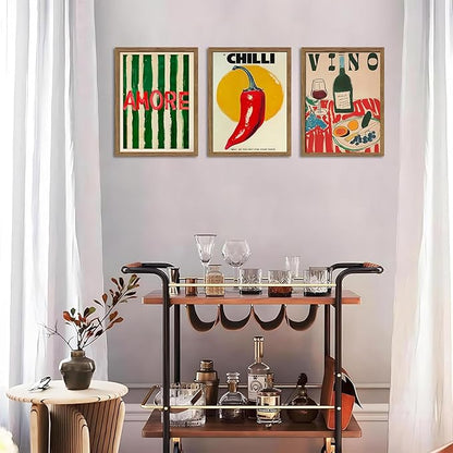 Framed Kitchen Wall Art Set of 3, Abstract Table Food Kitchen Wall Decor, Chilli Pictures Prints Artwork, Vintage Dining Room Canvas Painting, Modern Kitchen Home Decoration – 16x24 inch