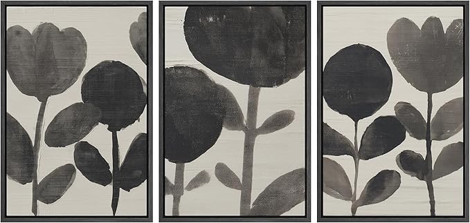 SIGNLEADER Framed Canvas Print Wall Art Set Black Ink Floral Silhouette Neutral Illustrations Minimal Decorative Bohemian Nordic for Living Room, Bedroom, Office - 16"x24"x3 BLACK