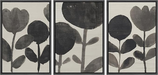 SIGNLEADER Framed Canvas Print Wall Art Set Black Ink Floral Silhouette Neutral Illustrations Minimal Decorative Bohemian Nordic for Living Room, Bedroom, Office - 16"x24"x3 BLACK