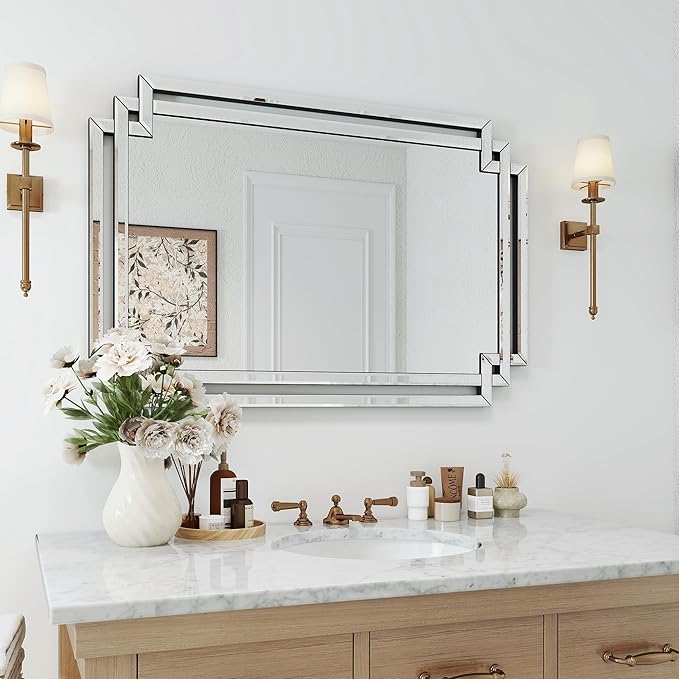 Modern Large Living Room Mirror with Mirrored Frame for Home Decor, 24" X 36" Decorative Wall Mirror with Glass Pieces and Beveled Edge for Dining Room, Bathroom, Entryway, Dressing Room