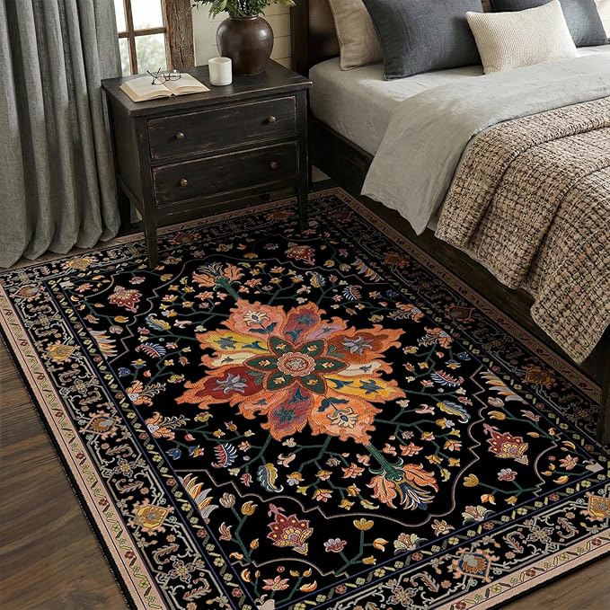 RELEANY Area Rugs 5'x8' Washable Non-Slip, Floral Vintage Distress Print Pattern Medallion Carpet for Living Room Bedroom Dining Room, Black Colorful Floral Dark Tan